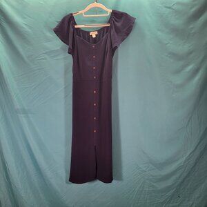 Monteau Womens Navy Button-Down Maxi Dress With Flutter Sleeves Belt & Slit Size